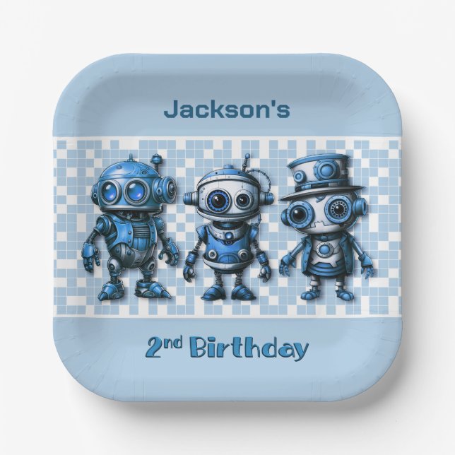 Robot Theme 2nd Birthday Party Plates (Front)