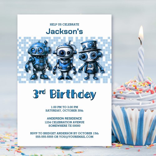 Robot Theme 3rd Birthday Party Invitation