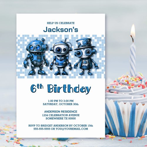 Robot Theme 6th Birthday Party Invitation