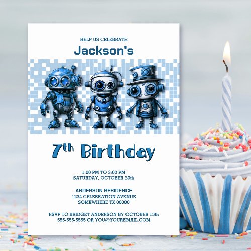 Robot Theme 7th Birthday Party Invitation