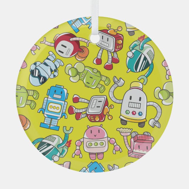 Robot Theme: Colorful Seamless Pattern. Glass Ornament (Front)