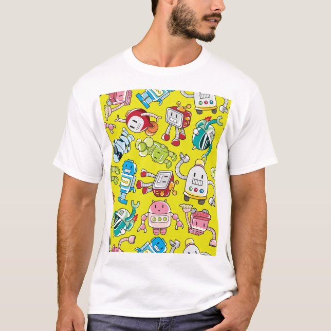 Robot Theme: Colorful Seamless Pattern. T-Shirt (Front)