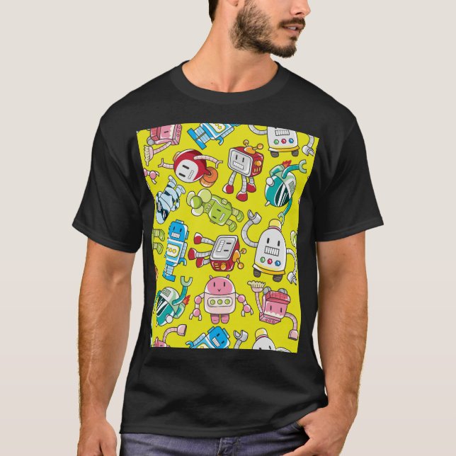 Robot Theme: Colorful Seamless Pattern. T-Shirt (Front)