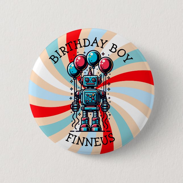 Robot Themed Boy's Happy Birthday Boy Button (Front)