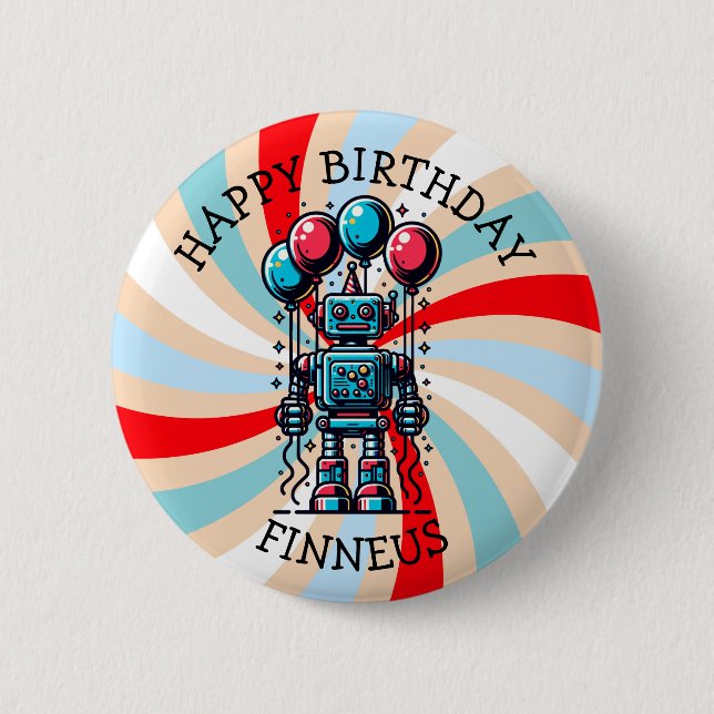 Robot Themed Boy's Happy Birthday Button (Front)