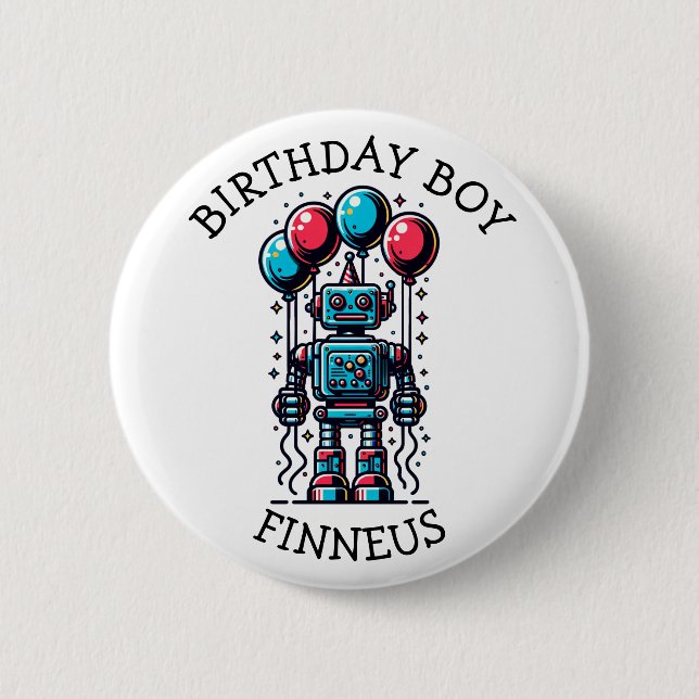 Robot Themed Boy's Happy Birthday Button (Front)