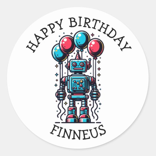 Robot Themed Boys Happy Birthday Classic Round Sticker