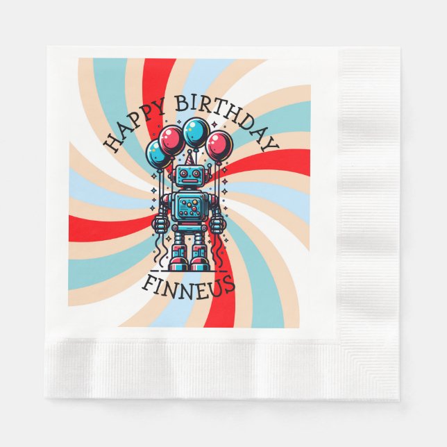 Robot Themed Boy's Happy Birthday Napkins (Front)