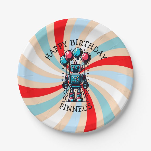 Robot Themed Boy's Happy Birthday Paper Plates (Front)