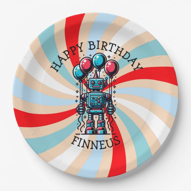 Robot Themed Boy's Happy Birthday Paper Plates (Front)