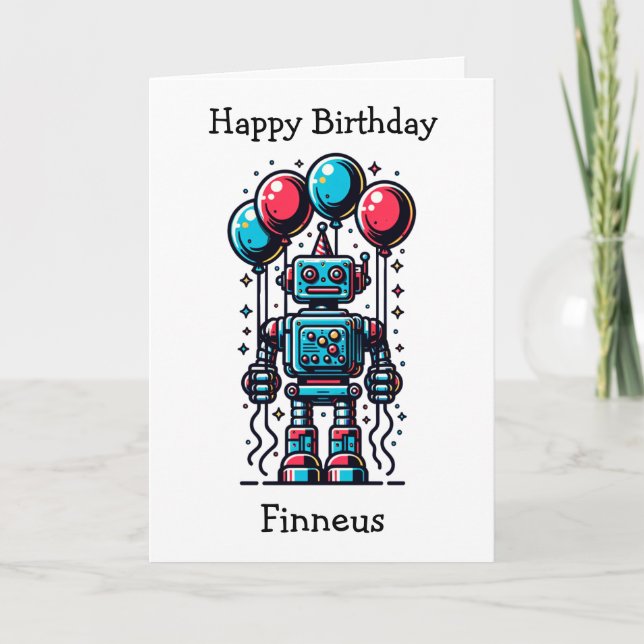 Robot Themed Personalized Birthday Card (Front)