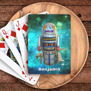 Robot Toy Blue Galaxy Custom Name Vintage Retro Poker Cards