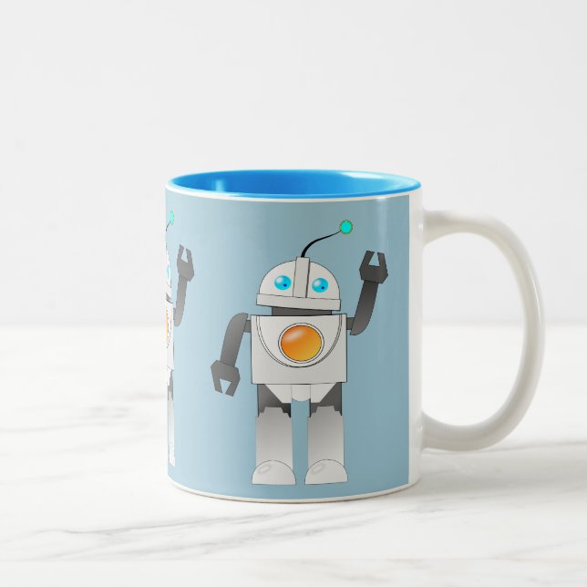 ROBOT TOY IN BLUE BACKGROUND Two-Tone COFFEE MUG (Right)