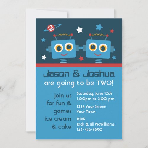 Robot Twins 2nd Birthday Custom Invitations