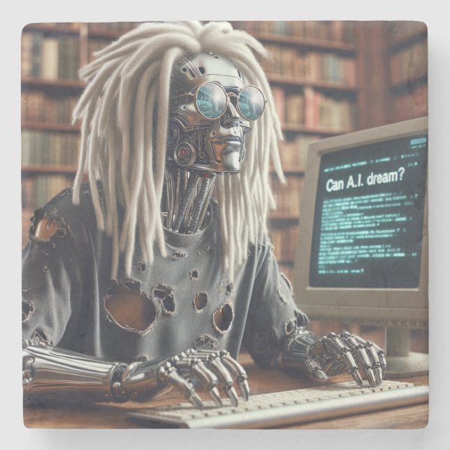 Robot Types at Keyboard Stone Coaster (Front)