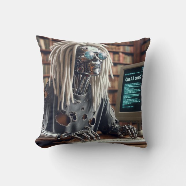Robot Types at Keyboard Throw Pillow (Front)