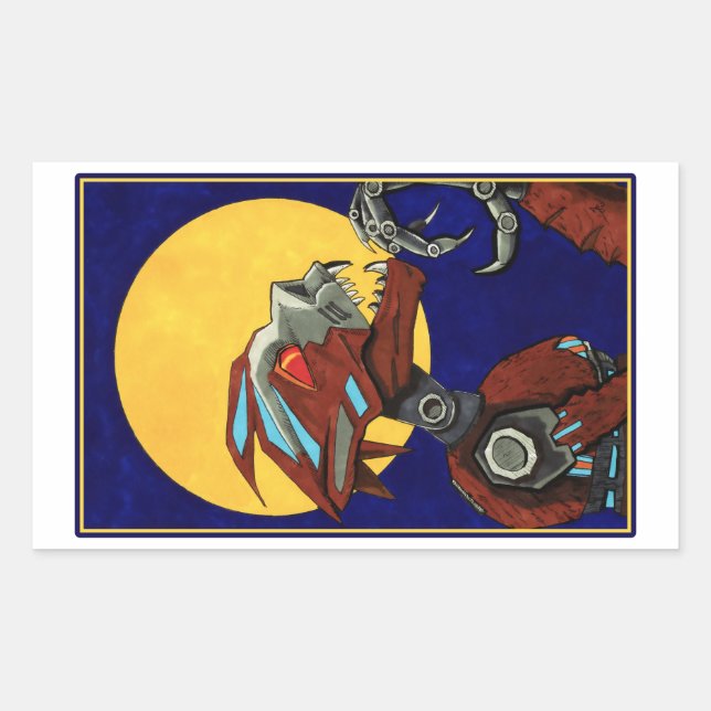 Robot Werewolf Wolf man howling at the moon Rectangular Sticker (Front)