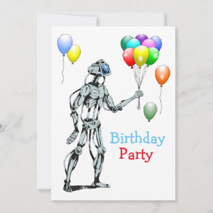 Robot with Balloons Birthday Invitation
