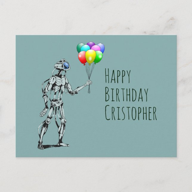 Robot with Balloons Birthday Postcard (Front)