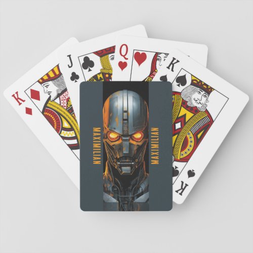 Robot with Orange Eyes in Dark Gray and Amber Playing Cards