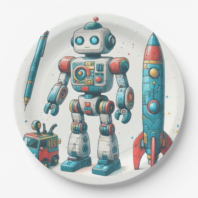 Robot with spaceship paper plates (Front)