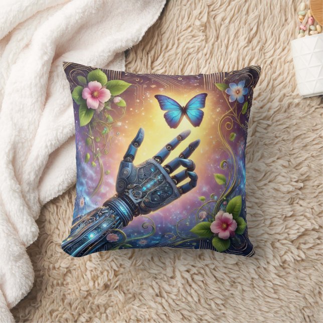 Robotic Hand & Butterfly AI Nature Harmony  Throw Pillow (Blanket)
