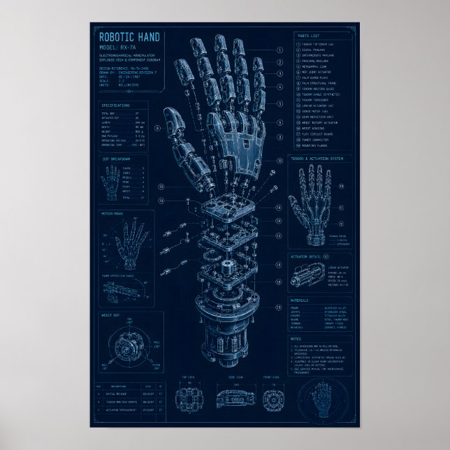 Robotic Hand Technical Blueprint Poster (Front)