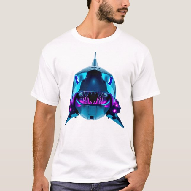 Robotic Shark Face Neon Art T-Shirt (Front)