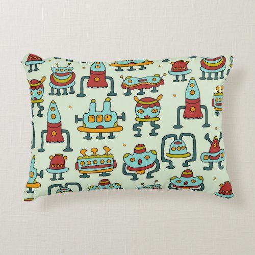 Robots Aliens Vintage Pattern Illustration Accent Pillow