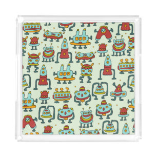 Robots Aliens Vintage Pattern Illustration Acrylic Tray