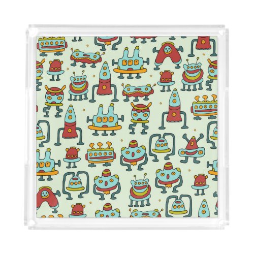 Robots Aliens Vintage Pattern Illustration Acrylic Tray