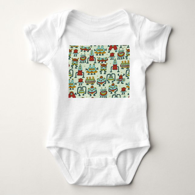 Robots Aliens Vintage Pattern Illustration Baby Bodysuit (Front)