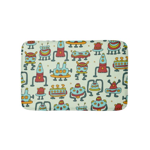 Robots Aliens Vintage Pattern Illustration Bath Mat