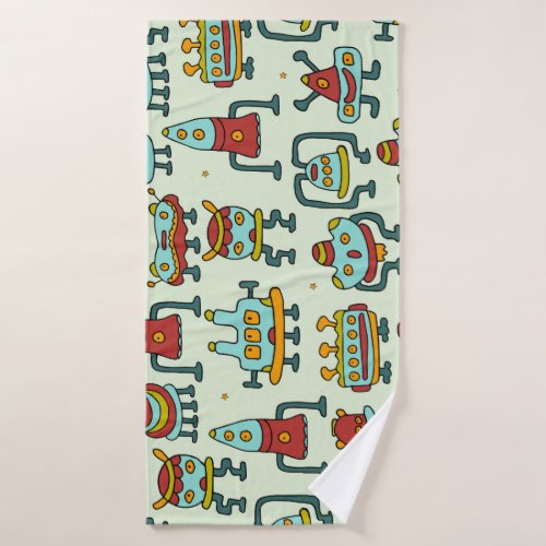 Robots Aliens Vintage Pattern Illustration Bath Towel