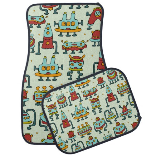 Robots Aliens Vintage Pattern Illustration Car Floor Mat