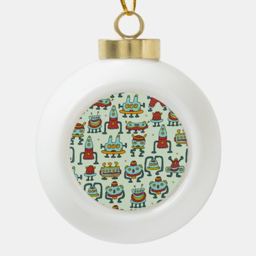 Robots Aliens Vintage Pattern Illustration Ceramic Ball Christmas Ornament