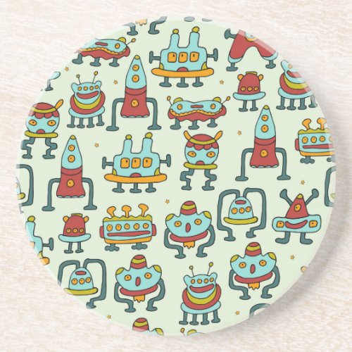 Robots Aliens Vintage Pattern Illustration Coaster