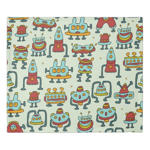 Robots Aliens Vintage Pattern Illustration Duvet Cover