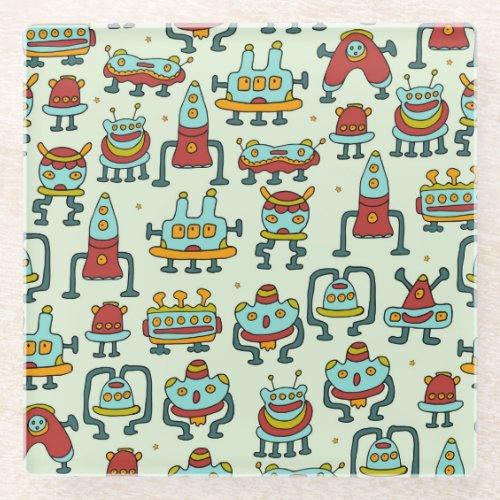 Robots Aliens Vintage Pattern Illustration Glass Coaster