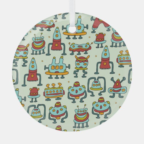 Robots Aliens Vintage Pattern Illustration Glass Ornament