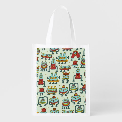 Robots Aliens Vintage Pattern Illustration Grocery Bag