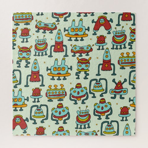 Robots Aliens Vintage Pattern Illustration Jigsaw Puzzle