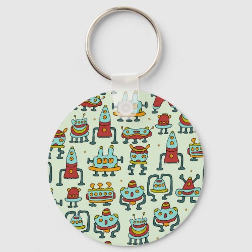 Robots Aliens Vintage Pattern Illustration Keychain