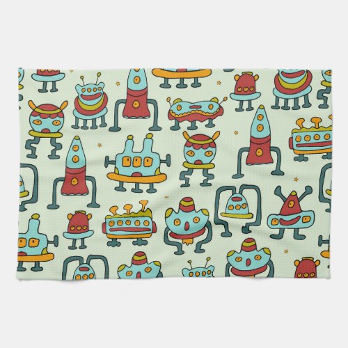 Robots Aliens Vintage Pattern Illustration Kitchen Towel