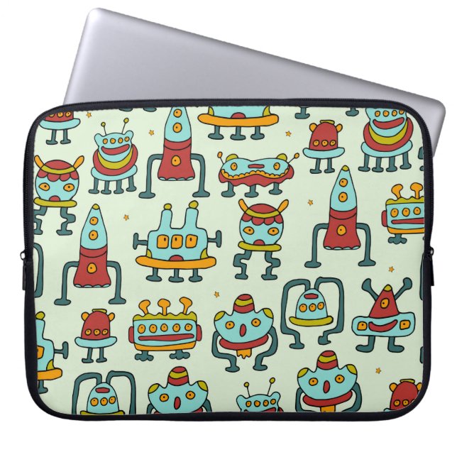 Robots Aliens Vintage Pattern Illustration Laptop Sleeve (Front)