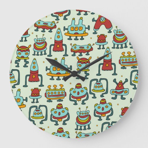 Robots Aliens Vintage Pattern Illustration Large Clock