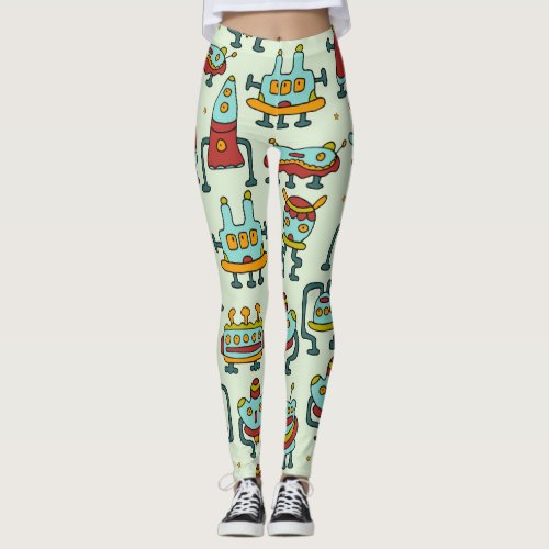 Robots Aliens Vintage Pattern Illustration Leggings