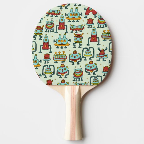 Robots Aliens Vintage Pattern Illustration Ping Pong Paddle