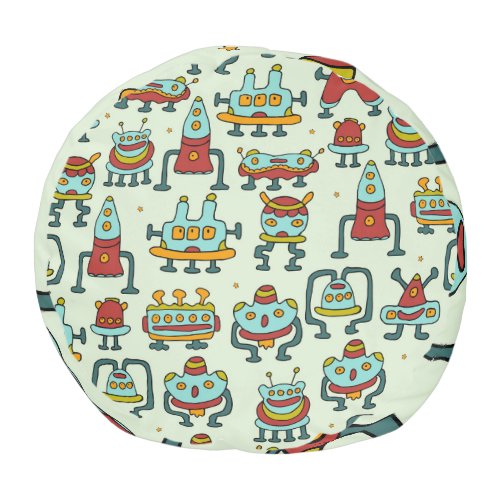 Robots Aliens Vintage Pattern Illustration Pouf