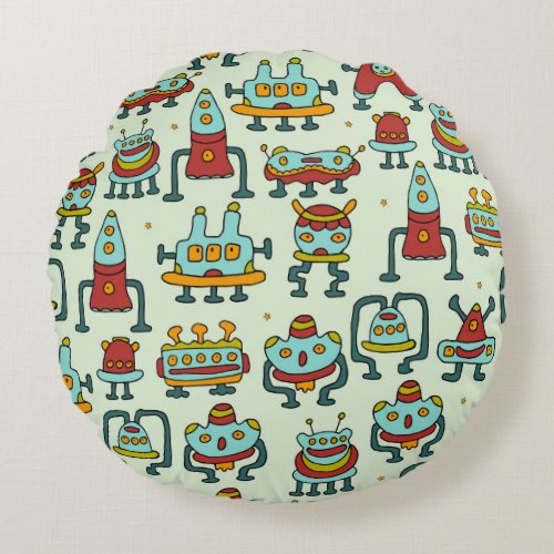 Robots Aliens Vintage Pattern Illustration Round Pillow